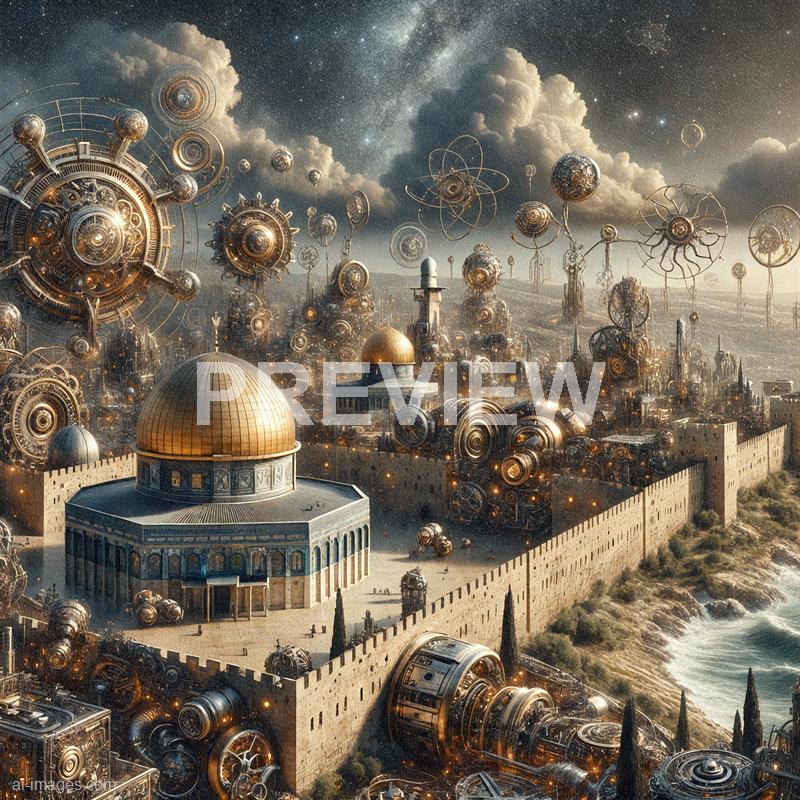 The image depicts a futuristic cityscape with a blend of ancient architectural elements, such as a domed building resembling a classical temple, surrounded by towering walls along a coastline. Above the city, numerous intricate, metallic, planetary-like structures with interconnected gears and orbits float in a surreal sky filled with clouds and a starry galaxy backdrop, creating a sci-fi aesthetic. The scene combines historical motifs with advanced, alien-like technology, highlighting a fantastical and imaginative vision of a city in space or an alternate universe.